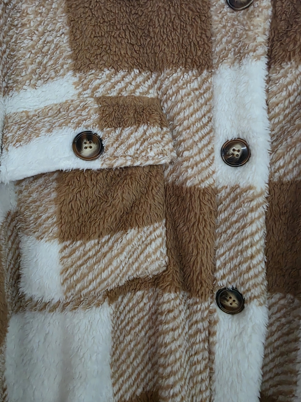 White Mark Plush Plaid Shacket in White and Camel - Picture 2 of 8